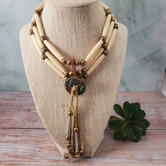 Vintage 1960's Bone, Brass, Leather Choker - Picture 4 of 4